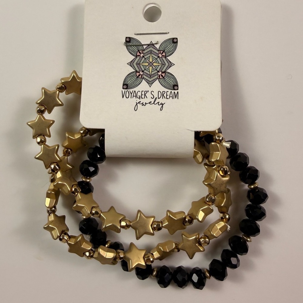 Voyagers Dream Black Gold Stars Bracelet Set 3 Piece Celestial Stretch Jewelry